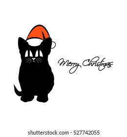 Kitten with big eyes in a Santa hat. Black silhouette of cat on white background. Vector illustration for Christmas