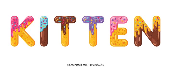 Kitten biscuit vector lettering. Glazed gingerbread inscription. Tempting flat design typography. Cookies letters cat lover phrase isolated on white. Biscuit cute word t shirt print, banner element