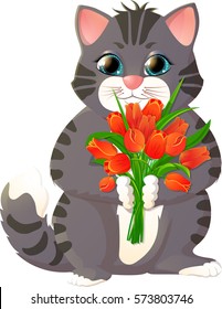 Kitten with a bouquet of flowers, tulips. Isolation on a white background