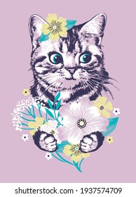 Kitten with bouquet of flowers. Vector illustration.