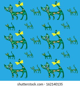 Kitten with a bow on a blue background, vector background pattern seamless.