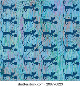Kitten with a bow on a blue background, vector background pattern .