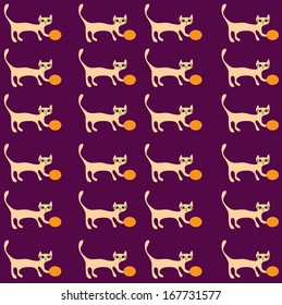 Gatito con una proa sobre fondo de marrón, patrón de fondo vectorial sin fisuras.
