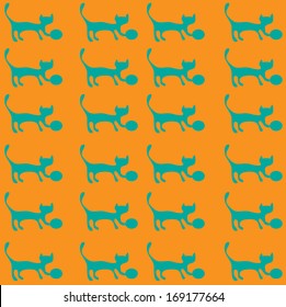 Kitten with a bow on orange background, vector background pattern seamless.