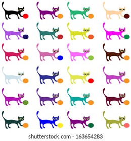 Kitten with a bow on white background, vector background pattern seamless.