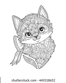 Kitten with bow portrait in zentangle style in vector. Hand drawn sketch little cat with floral ornament. Adult antistress coloring page. Doodle. Decorative element for T-shirt emblem, tattoo, logo.