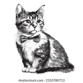 Kitten with bow tie hand drawn sketch in doodle style illustration