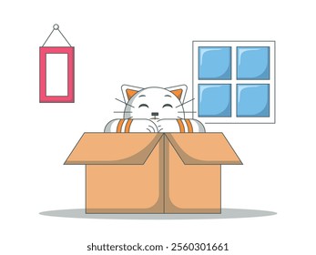 Kitten in a box, smiling cute pet in the house. Character design. Vector flat illustration