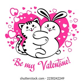 Kitten and bunny cuddle on the background of a pink heart. Vector template for greeting card, Valentines day invitation