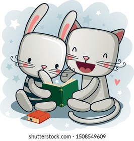 kitten and bunny are reading a book