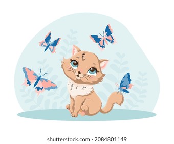 Kätzchen mit Schmetterling. Rutsche Figuren für Kinder, bezauberndes Haustier für Stoffdruck. Tierspiele in der Natur, Säugetieren, Fauna und Natur. Süße verspielte Katze. Cartoon-Flavektor-Vektorgrafik