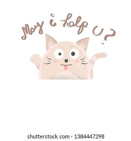 kitten with calligraphy text, cat asks the question, may i help you, funny cartoon concept vector postcard and cover template book