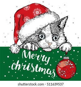 Kitten in a cap and with New Year's ball. Cute cat. Vector illustration for a card or poster. Christmas and New Year.