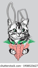 Kitten with carrot and rabbit earss. Vector illustration.