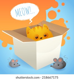 Kitten in carton box with mice background vector illustration