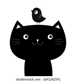Kitten cat face head silhouette funny bird. Cute black cartoon character. Kawaii baby pet animal. Notebook cover, tshirt, greeting card print. Flat design. Scandinavian style. White background. Vector