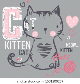 Kitten cat handwriten vector illustration print for t-shirt with applique for small girls