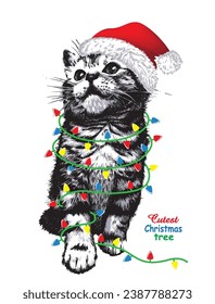 Kitten cat  look up in Santa hat and Christmas lights. Hand drawn vector illustration.
