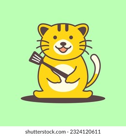 kitten cat pets cute cooking spatula kitchen cartoon mascot logo vector icon illustration