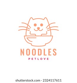 kitten cat pets eat noodle bowl line art mascot cartoon logo icon vector illustration