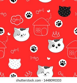 Kitten cat seamless pattern. hand drawn with hearts, house, fish bone and footprint, cute animal cartoon character on  background. Vector illustration