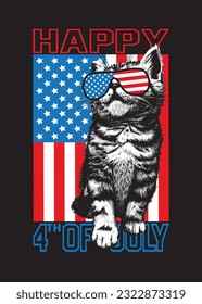 Gato gatito con sollozos y slogan Feliz 4 de julio. Imprimir para camiseta. Ilustración vectorial del Día de la Independencia.