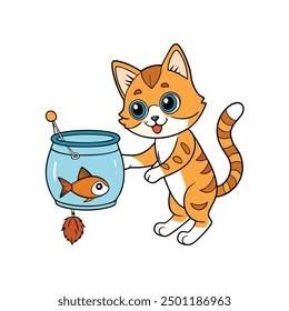 Kitten Catching Fish in Aquarium Vector Illustration - Cartoon Clipart and Line Art Design