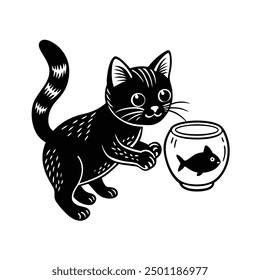 Kitten Catching Fish in Aquarium Vector Illustration - Cartoon Clipart and Line Art Design