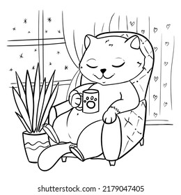 The kitten in the chair drinks cocoa. Home comfort. Cozy winter. Coloring book for children. Vector illustration isolated on white background.