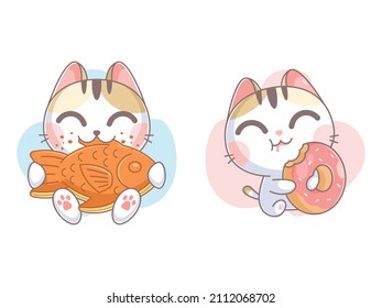 Kitten character eating bungeoppang and donut