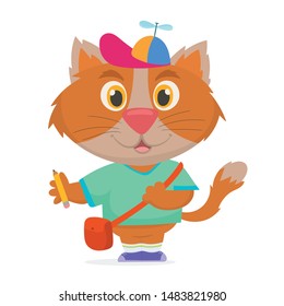 Kitten character preparing to go to school