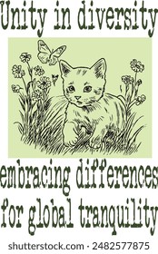 A kitten chasing a butterfly through a field of wildflowers (Unity in diversity; embracing differences for global tranquility) funny cartoon art for print on demand (t shirt design).