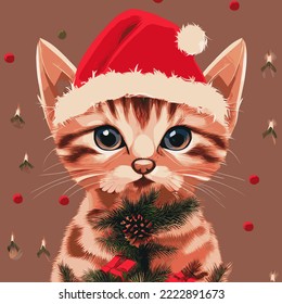 Gatito con sombrero de navidad y cono de pino