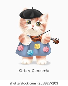 kitten concerto slogan with cute kitten playing violin vector illustration