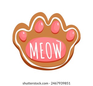 Icono de galleta de gatito. Pegatina con delicioso postre dulce en forma de pata de gato. Hornear o merienda con glaseado y letras maullidas. Ilustración vectorial plana de dibujos animados aislada sobre fondo blanco