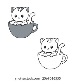 kitten in a cup. isolated on white background. hand drawn. simple design. you can change color you want. cat vector illustrations