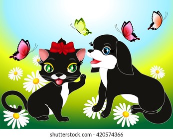 Kitten and the dog on the meadow. svg
