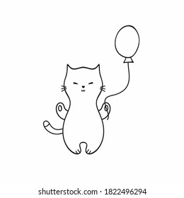 A kitten with a Doodle-style balloon. Minimalist cat isolated on a white background in an abstract style. Hand-drawn illustration, black-and-white linear sketch. Vector drawing for children