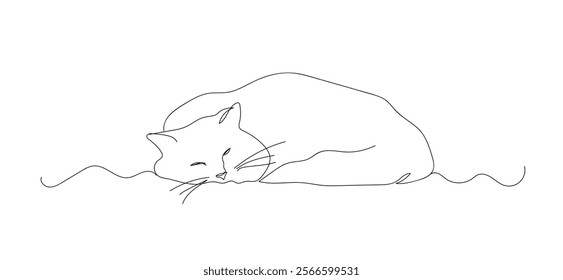 Kitten drawing using single one line drawing.  One line drawing sleeping cat. Pet shop design logo.  Abstract minimal style. Hand made vector not AI 