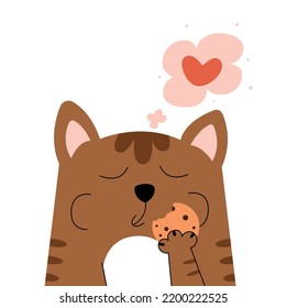 Kitten eats cookies, funny cat illustration, cute kitty and cookies, funny cat on white background, delicious cookies