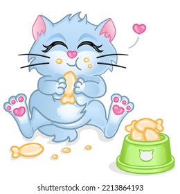 Kitten eats cookies and next to him is bowl. Cat holds food in its paws and chews. Animal smiles. Baking in the shape of fish. Fluffy cute character for printing on products for pets, children or vet.