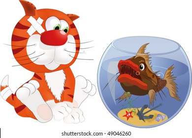 Kitten and fish in an aquarium