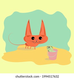 Kitten and fish on the beach. Vector image