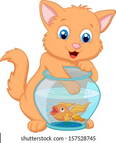 Kitten Fishing for Gold Fish in an Aquarium Bowl