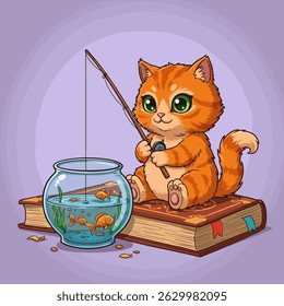 Kitten fishing on grassy island, relaxing mood, charming art
