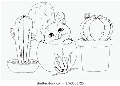 Kitten in a flower pot, scarlet and cacti. Cute illustration