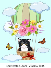 The kitten is flying in a balloon.Vector illustration with a cat in a balloon basket with flowers.