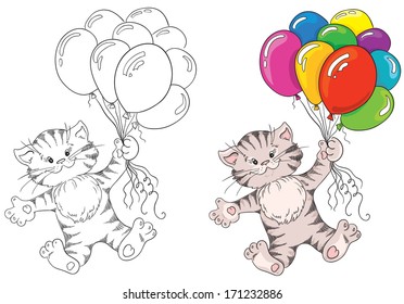 Kitten flying on a bunch of balloons. Vector illustration for coloring book