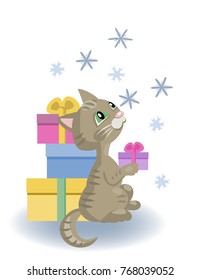 Kitten, gift boxes and snowflakes. New Year and Christmas illustration.