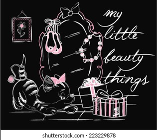 kitten in girl bedroom-vector artwork for baby girl tees